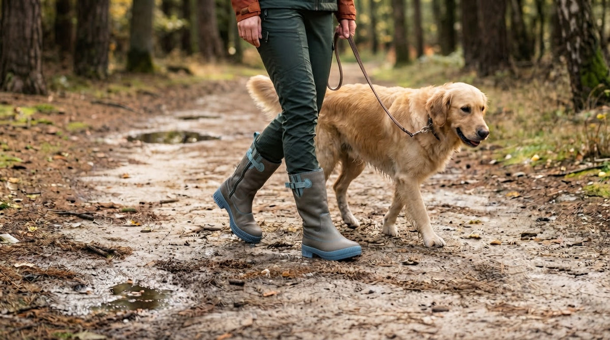 Een vrouw die een golden retriever uitlaat op een modderig bospad, met een donkergroene broek, grijze Adisa ZOO Outdoor-laarzen en een hondenriem in haar hand.